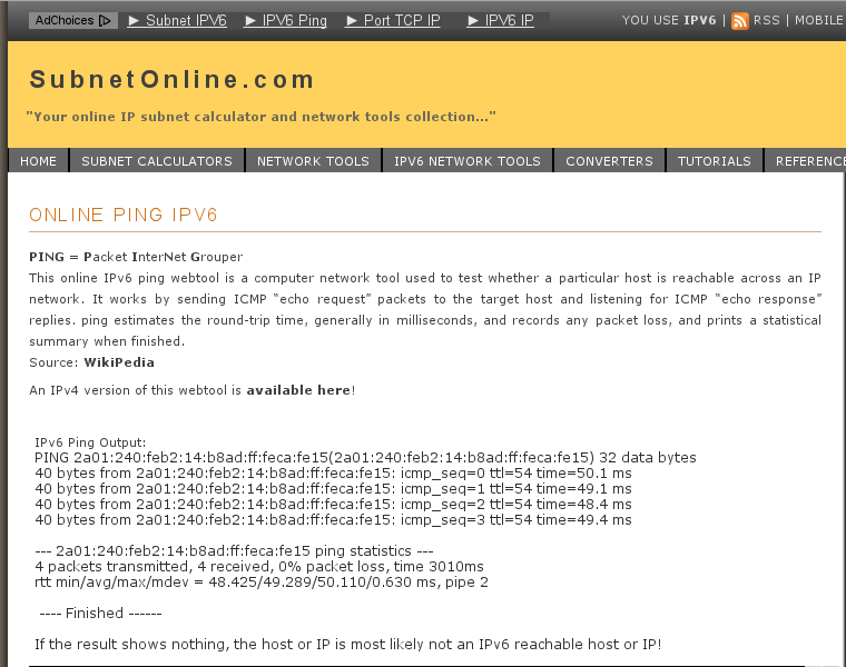 Ping IPv6 depuis subnetonline.com