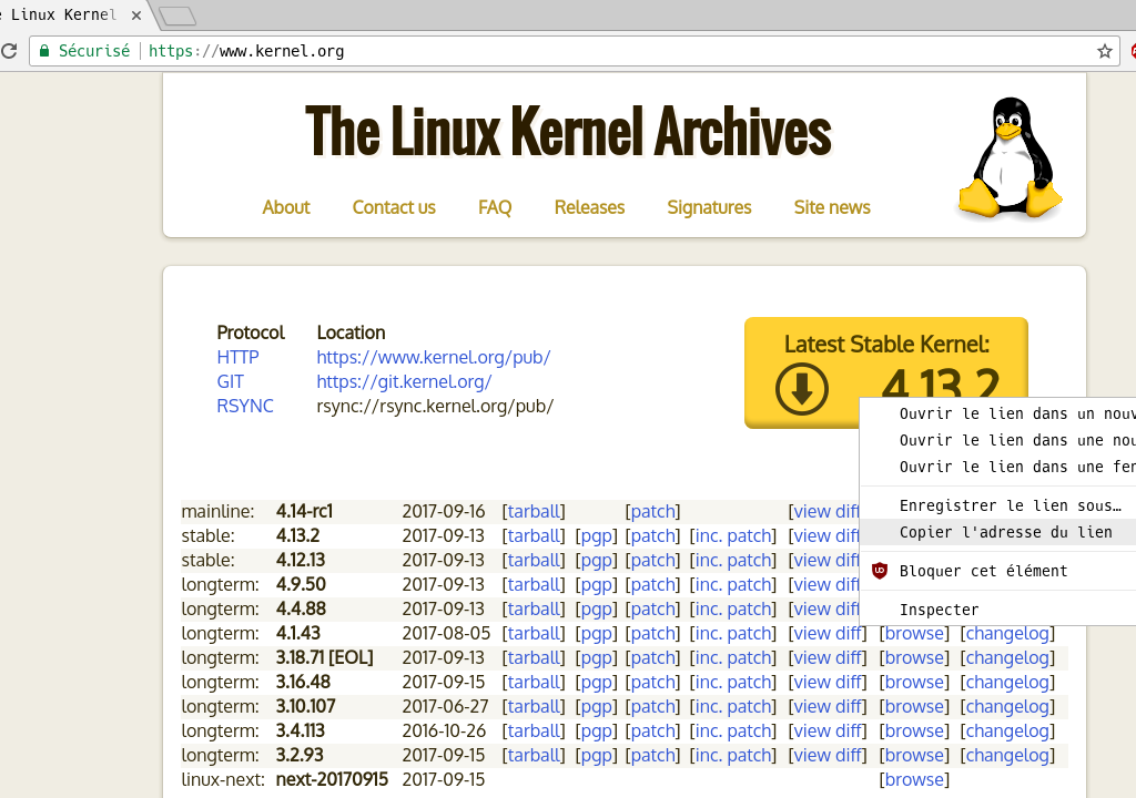 Téléchargement des sources du noyau Linux